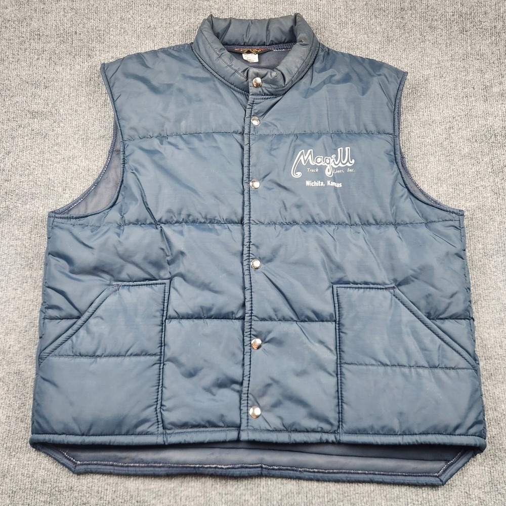 Vintage‎ Pla-Jac Dunbrooke Puffer Vest XL Navy Blue Magill Truck Lines Made USA